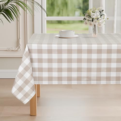 DWCN Karierte Tischdecke Outdoor Wetterfest Abwaschbare Tischdecke Fleckschutz Wasserdicht Garten Tischdecken für Draußen Picknick Esszimmer Party Hochzeiten, Khaki und Weiß, 130x160cm von DWCN
