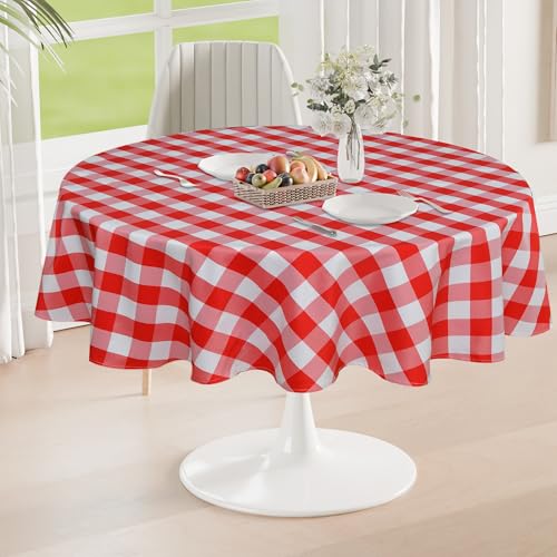 DWCN Karierte Tischdecke Rund 140cm Tischdecke Outdoor Tischdecke Abwaschbar Wetterfest Fleckschutz Wasserdicht Tischdecke für Draußen Picknick Esszimmer Garten Party Hochzeiten, Rot und Weiß von DWCN