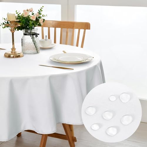 DWCN Weiß Tischdecke,Rund 150cm,Fleckschutz Abwaschbar Tischwäsche Wasserdicht Tischtuch für Esszimmer,Garten,Party,Hochzeiten oder Haushal von DWCN