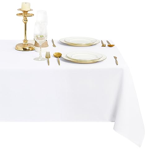 DWCN Weiß Tischdecke Leinenoptik Abwaschbar Tischwäsche Wasserabweisend Tischtuch für Esszimmer, Garten, Party, Hochzeiten oder Haushalt,135x220cm von DWCN