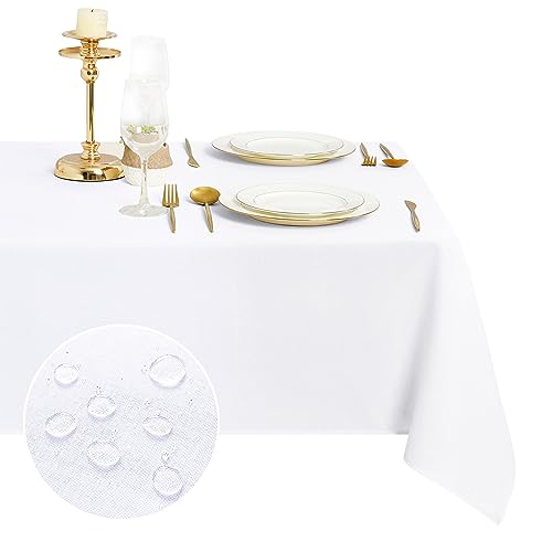 DWCN Weiß Tischdecke Leinenoptik Abwaschbar Tischwäsche Wasserabweisend Tischtuch für Esszimmer, Garten, Party, Hochzeiten oder Haushalt,160x320cm von DWCN