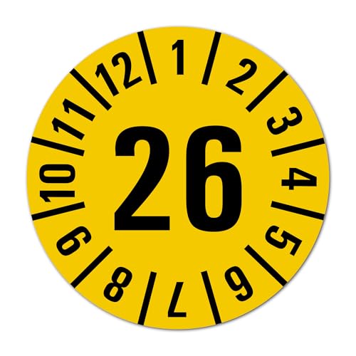 Jahresprüfplaketten 2026, ⌀ 25 mm, Farbe gelb, 16 Stück pro Bogen Jahresprüfplaketten 2026, ⌀ 25 mm, Farbe gelb, 16 Stück pro Bogen von DWH