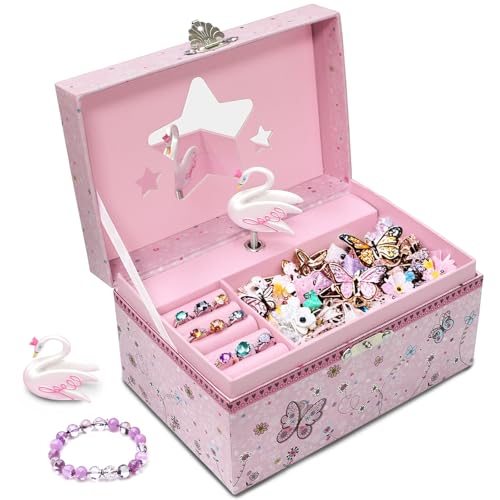DWIYITTN Musik-Schmuckschatulle – Rosa Schwan Organizer mit Schmetterling für Mädchen, Geschenk für 5-jährige Mädchen, 18 x 12 x 10 cm (Schmuck nicht im Lieferumfang enthalten) von DWIYITTN