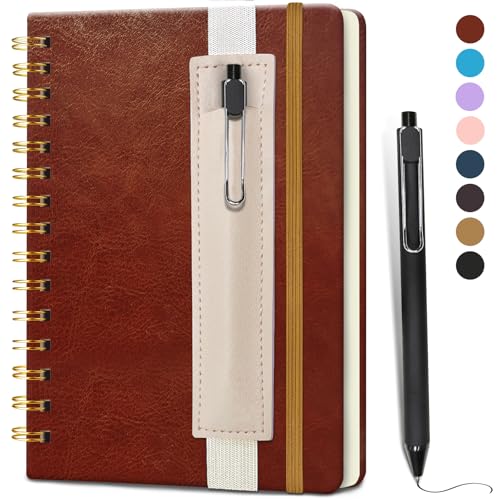 DWIYITTN Notizbuch A5 Liniert, Hardcover Spiralbindung 80 Blatt /160 Seiten Notizbuch mit Stift & Kunstleder-Stifthalter Collegeblock Notizblock für Arbeit Büro Schule 14,5 x 21cm 80 g/m² -Rotbraun von DWIYITTN