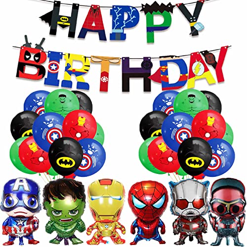 DWTECH Superhelden-Partyzubehör, Avengers-Party-Dekoration, 28 Stück Luftballons, weiß, 4 Stück große Folienballons, 1 Stück Happy Birthday Banner für Kinder Superhelden Geburtstag Party Dekoration von DWTECH