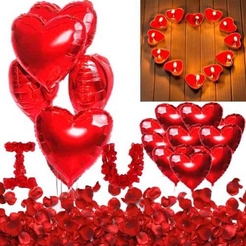 Romantisch Deko Set -Valentinstag Romantische Ker-zen Rote Teelichter Herzform,Seide Rote Rosenblüten,Rote Herzförmige Folienballons für Hochzeit Geburtstag Brautdusche Dekoration (Style 2) von DWTECH