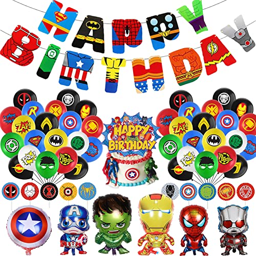 Superhelden-Partyzubehör, Avengers Partydekoration-Superhelden-Geburtstagsparty-Banner, Superhelden-Luftballons, Kuchendeckel, 6 Stück große Folienballons für Kinder, Jungen, Mädchen, Themenparty von DWTECH