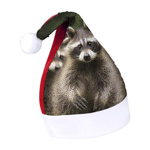 DWTJKMS Niedliche Waschbär-Weihnachtsmannmütze, klassische Fell-Weihnachtsmütze, dicke Weihnachtsmütze mit Pailletten, lustige Wintermütze DWTJKMS Niedliche Waschbär-Weihnachtsmannmütze, klassische Fell-Weihnachtsmütze, dicke Weihnachtsmütze mit Pailletten, lustige Wintermütze von DWTJKMS