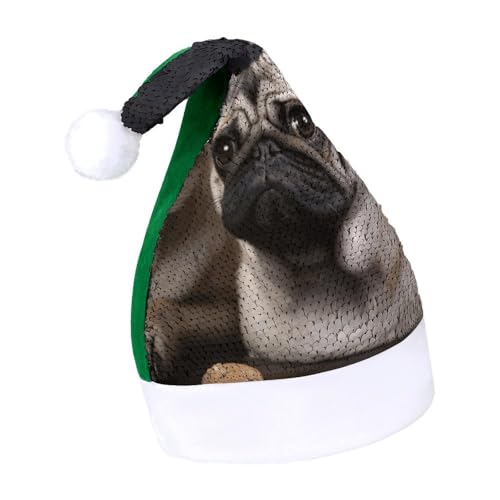DWTJKMS Niedlicher Mops-Weihnachtsmann-Mütze, klassische Fell-Weihnachtsmütze, dicke Weihnachtsmütze mit Pailletten, lustige Wintermütze DWTJKMS Niedlicher Mops-Weihnachtsmann-Mütze, klassische Fell-Weihnachtsmütze, dicke Weihnachtsmütze mit Pailletten, lustige Wintermütze von DWTJKMS