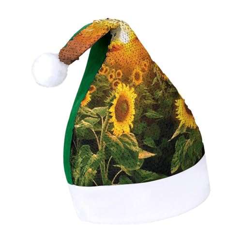 DWTJKMS Weihnachtsmütze mit Sonnenblumenfeld, Sonnenuntergang, klassischer Pelz, Weihnachtsmütze, dick, mit Pailletten, lustige Wintermütze DWTJKMS Weihnachtsmütze mit Sonnenblumenfeld, Sonnenuntergang, klassischer Pelz, Weihnachtsmütze, dick, mit Pailletten, lustige Wintermütze von DWTJKMS