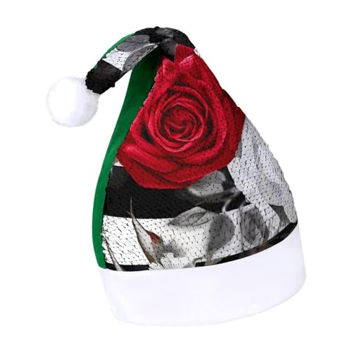 DWTJKMS Weihnachtsmütze mit schwarzen weißen Streifen, roten Rosen, Blumen, klassische Fell-Weihnachtsmütze, dicke Weihnachtsmütze mit Pailletten, lustige Wintermütze DWTJKMS Weihnachtsmütze mit schwarzen weißen Streifen, roten Rosen, Blumen, klassische Fell-Weihnachtsmütze, dicke Weihnachtsmütze mit Pailletten, lustige Wintermütze von DWTJKMS