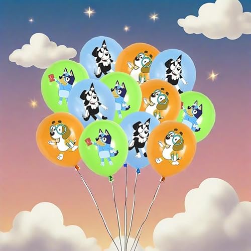 DWUENT Bluey Geburtstags-Luftballons, 18 Stück, Blau, Orange und Grün, Cartoon-Hunde-Party-Dekorationen DWUENT Bluey Geburtstags-Luftballons, 18 Stück, Blau, Orange und Grün, Cartoon-Hunde-Party-Dekorationen von DWUENT