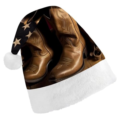 DWVSFJM Amerikanische Flagge mit Cowboystiefeln, Weihnachtsmannmütze, weiche Weihnachtsmütze für Erwachsene, waschbar, Uni, stilvolle Urlaubsmütze DWVSFJM Amerikanische Flagge mit Cowboystiefeln, Weihnachtsmannmütze, weiche Weihnachtsmütze für Erwachsene, waschbar, Uni, stilvolle Urlaubsmütze von DWVSFJM