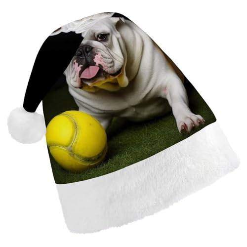 DWVSFJM Bulldogge mit gelbem Ball, Weihnachtsmannmütze, weiche Weihnachtsmütze für Erwachsene, waschbar, Uni, stilvolle Urlaubsmütze DWVSFJM Bulldogge mit gelbem Ball, Weihnachtsmannmütze, weiche Weihnachtsmütze für Erwachsene, waschbar, Uni, stilvolle Urlaubsmütze von DWVSFJM