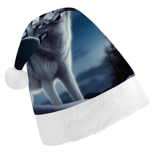 DWVSFJM Weihnachtsmütze mit Wolf-Motiv unter dem Mond, weich, waschbar, Uni, stilvolle Urlaubsmütze DWVSFJM Weihnachtsmütze mit Wolf-Motiv unter dem Mond, weich, waschbar, Uni, stilvolle Urlaubsmütze von DWVSFJM