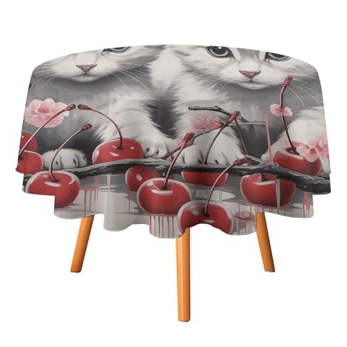 DWVTSLH Runde Tischdecken mit Katzen- und Kirschmotiv, Herbsttischdecken, knitterfrei, Stofftischdecken, rund, 178 cm, für Esszimmer, Küche, Hochzeit, Party usw DWVTSLH Runde Tischdecken mit Katzen- und Kirschmotiv, Herbsttischdecken, knitterfrei, Stofftischdecken, rund, 178 cm, für Esszimmer, Küche, Hochzeit, Party usw von DWVTSLH