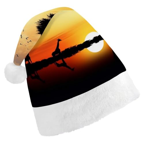DWVTSLH Weihnachtsmütze, Giraffe, Sonnenuntergang, bedruckt, Weihnachtsmannmütze, weicher und bequemer Samt, verdickte Weihnachtsmütze, geeignet für Weihnachten, Neujahr, Urlaub, Partyzubehör DWVTSLH Weihnachtsmütze, Giraffe, Sonnenuntergang, bedruckt, Weihnachtsmannmütze, weicher und bequemer Samt, verdickte Weihnachtsmütze, geeignet für Weihnachten, Neujahr, Urlaub, Partyzubehör von DWVTSLH