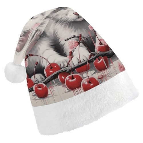 DWVTSLH Weihnachtsmütze, Katze und Kirsche, bedruckt, Weihnachtsmannmütze, weicher und bequemer Samt, verdickte Weihnachtsmütze, geeignet für Weihnachten, Neujahr, Urlaub, Partyzubehör DWVTSLH Weihnachtsmütze, Katze und Kirsche, bedruckt, Weihnachtsmannmütze, weicher und bequemer Samt, verdickte Weihnachtsmütze, geeignet für Weihnachten, Neujahr, Urlaub, Partyzubehör von DWVTSLH