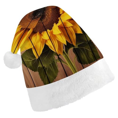 DWVTSLH Weihnachtsmütze, Sonnenblume mit Holz, bedruckt, Weihnachtsmannmütze, weicher und bequemer Samt, verdickte Weihnachtsmütze, geeignet für Weihnachten, Neujahr, Urlaub, Partyzubehör DWVTSLH Weihnachtsmütze, Sonnenblume mit Holz, bedruckt, Weihnachtsmannmütze, weicher und bequemer Samt, verdickte Weihnachtsmütze, geeignet für Weihnachten, Neujahr, Urlaub, Partyzubehör von DWVTSLH