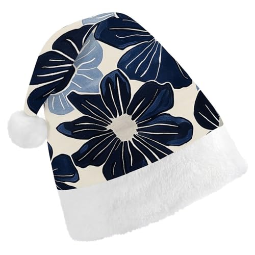 DWVTSLH Weihnachtsmütze, marineblaue Blumen, bedruckt, Weihnachtsmannmütze, weicher und bequemer Samt, verdickte Weihnachtsmütze, geeignet für Weihnachten, Neujahr, Urlaub, Partyzubehör von DWVTSLH