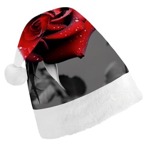 DWVTSLH Weihnachtsmütze, schwarz und weiß, rote Rose, bedruckt, Weihnachtsmannmütze, weicher und bequemer Samt, verdickte Weihnachtsmütze, geeignet für Weihnachten, Neujahr, Urlaub, Partyzubehör von DWVTSLH