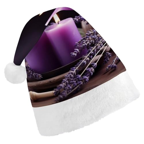 DWVTSLH Weihnachtsmütze, violetter Lavendel mit Kerzen, bedruckter Weihnachtsmannmütze, weicher und bequemer Samt, verdickte Weihnachtsmütze, geeignet für Weihnachten, Neujahr, Urlaub, Partyzubehör DWVTSLH Weihnachtsmütze, violetter Lavendel mit Kerzen, bedruckter Weihnachtsmannmütze, weicher und bequemer Samt, verdickte Weihnachtsmütze, geeignet für Weihnachten, Neujahr, Urlaub, Partyzubehör von DWVTSLH
