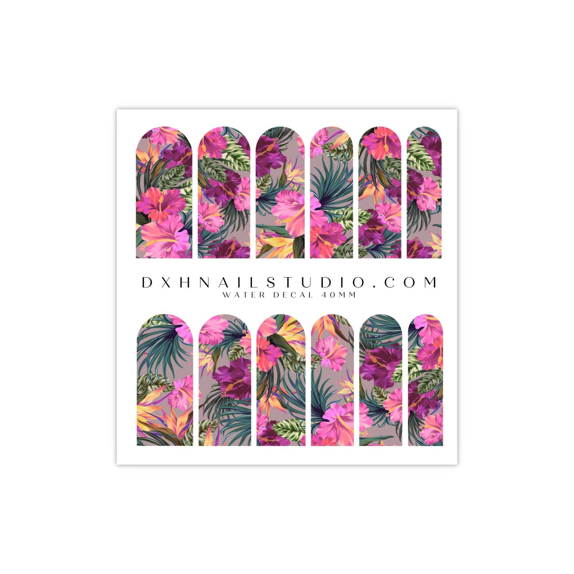 Dusty Pink Tropical Floral Hibiskus Nagel Abziehbilder - Wasser Transfer Nail Wraps Spaß Frühling Sommer Art Zubehör von DXHNAILCO