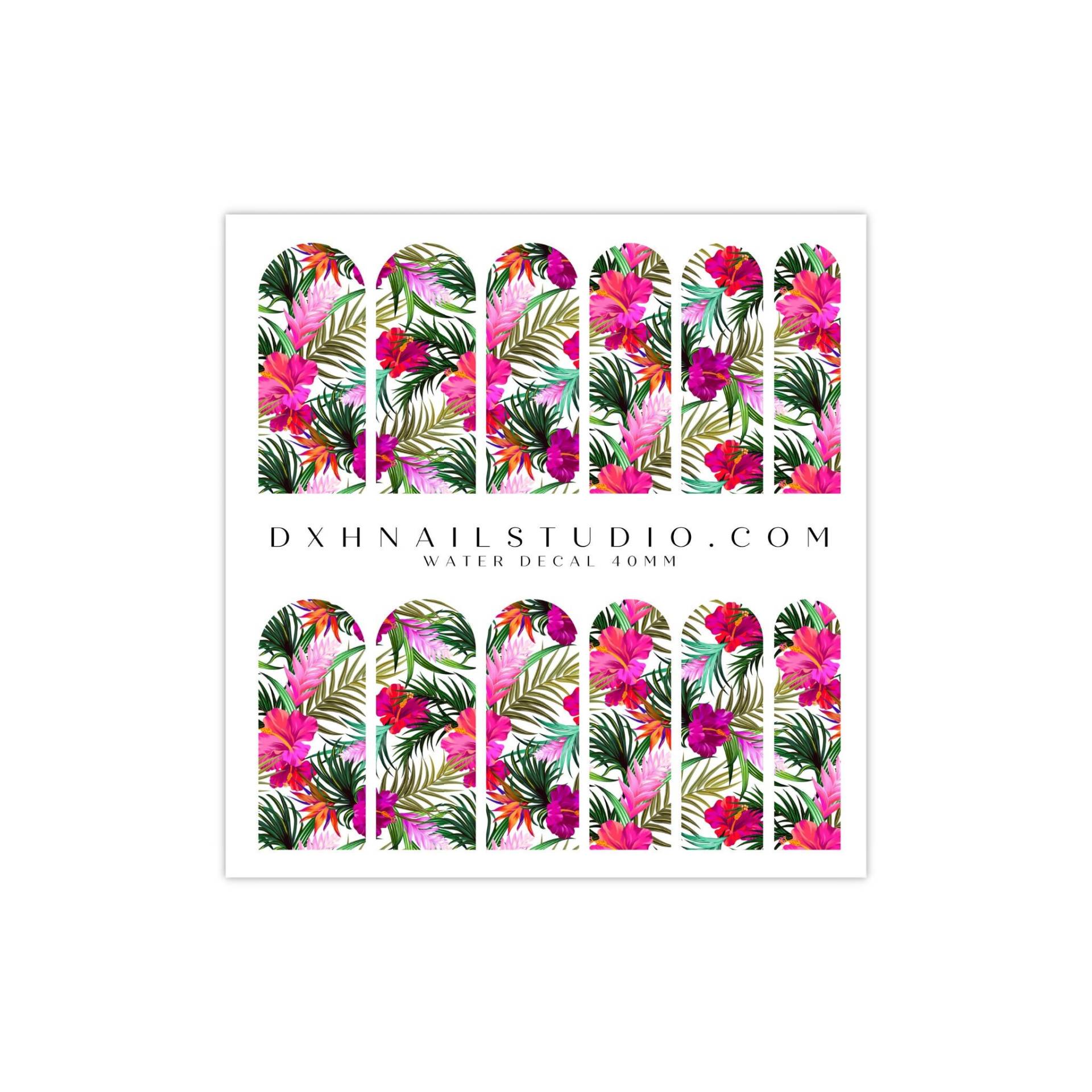 Hot Pink Tropical Floral Hibiskus Nagel Abziehbilder - Wasser Transfer Nail Wraps Sommer Urlaub Art Maniküre Zubehör von DXHNAILCO