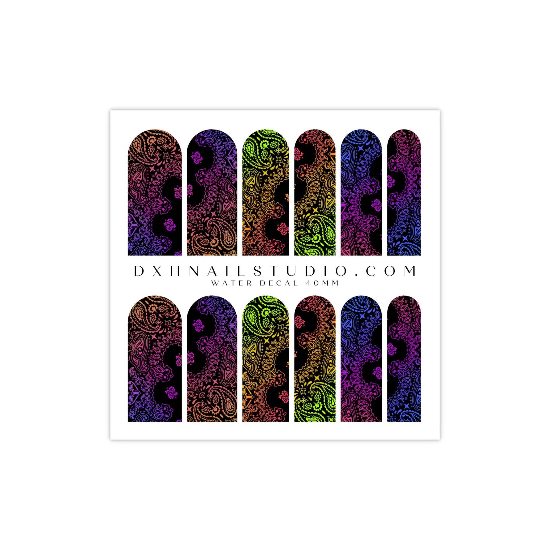 Neu Black Rainbow Ombre Classic Bandana Nail Decals - Paisley Water Transfer Wraps Press On Art Acryl Gel X von DXHNAILCO