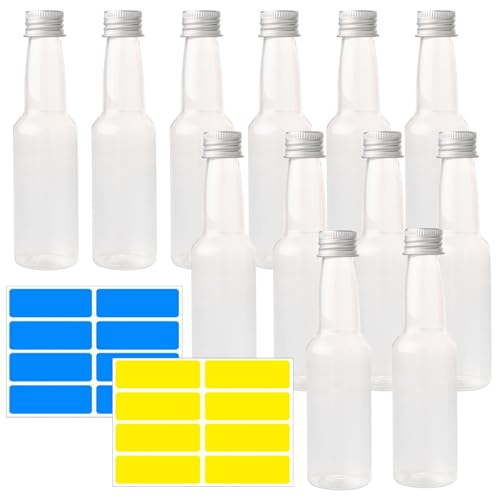 DXLing 12 Stk Kleine Kunststoff Flaschen zum Befüllen 100ml Kleine Likörflaschen zum Befüllen Wiederverwendbare Leere Schnapsflaschen Plastik Mini Fläschchen mit Aufkleber für Hochzeiten Party von DXLing