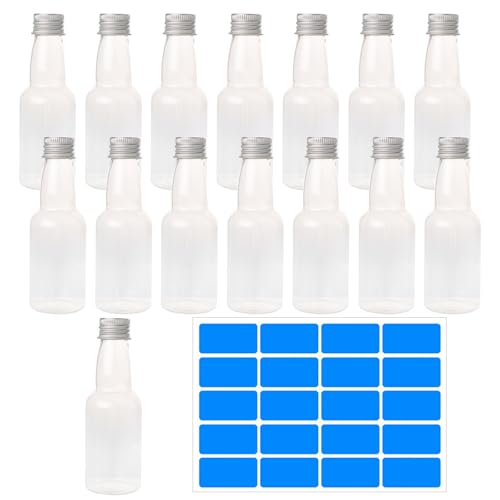 DXLing 15 Stück Kleine Kunststoff Flaschen zum Befüllen 60ml Kleine Likörflaschen zum Befüllen Wiederverwendbare Leere Schnapsflaschen Plastik Mini Fläschchen mit Aufkleber für Hochzeiten Party von DXLing