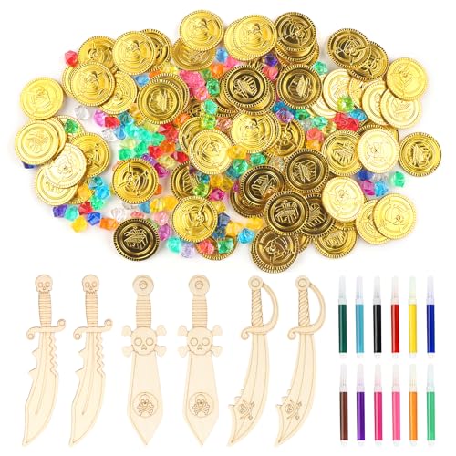 DXLing 268 Stück Piraten Goldmünzen Set für Kinder mit 100 Piratenschatz Goldmünzen +150 Acryl Edelsteine + 6 Piraten Schwert aus Holz + 12 Farbige Stifte für Schatzsuche Kindergeburtstag DXLing 268 Stück Piraten Goldmünzen Set für Kinder mit 100 Piratenschatz Goldmünzen +150 Acryl Edelsteine + 6 Piraten Schwert aus Holz + 12 Farbige Stifte für Schatzsuche Kindergeburtstag von DXLing