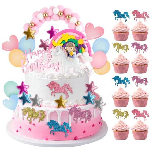 DXLing Pony Einhorn Tortendeko Geburtstag mit Topper Einhorn, Regenbogen, Happy Birthday Topper, Ballon, Stern, Herz - Tortendeko Einhorn Mädchen Macaron Geburtstagskuchen Dekoration für Kinder DXLing Pony Einhorn Tortendeko Geburtstag mit Topper Einhorn, Regenbogen, Happy Birthday Topper, Ballon, Stern, Herz - Tortendeko Einhorn Mädchen Macaron Geburtstagskuchen Dekoration für Kinder von DXLing