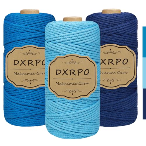 DXRPO Premium Makramee Garn Set, 3 Stück 3mm x 100m Macrame Cord,Baumwollgarn Macrame Garn für DIY Handwerk, Hängepflanzen,Weihnachten,Boho Deko(Hellblau, Blau, Dunkelblau) von DXRPO