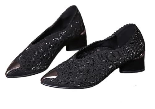 DXZXDJIU Damen-Hausschuhe aus Netzstoff mit Strass und klobigem Absatz – Slip-On-Pantoletten mit spitzer Zehenpartie(Black,41) von DXZXDJIU
