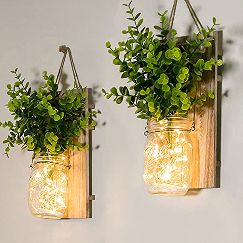 Mason Jar Licht,（2 Stück）, flur deko anddekoration, Grüne gefälschte Pflanze, Lichterkette im Glas, Wohnzimmer Holz-Dekoration mit, Glas Warmweiß Garten Hängeleuchten für Außen (Grüne Pflanzen) von DYBOHF