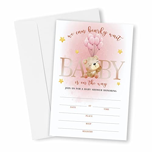 Bärenballons Babyparty-Einladungen, rosa Babyparty-Einladungen, Dekorationen, Gender Reveal Party und Veranstaltungen, 25 Einladungskarten zum Ausfüllen mit passenden Umschlägen (YQK-002) von DYIRBIIY