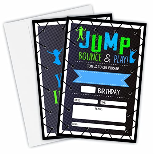 Jump Bounce & Play Geburtstagseinladungen, Trampolin-Geburtstagsparty-Einladungen, Geburtstagsparty- und Veranstaltungsbedarf, 20 Einladungskarten zum Ausfüllen mit passenden Umschlägen (YQK-B01) von DYIRBIIY