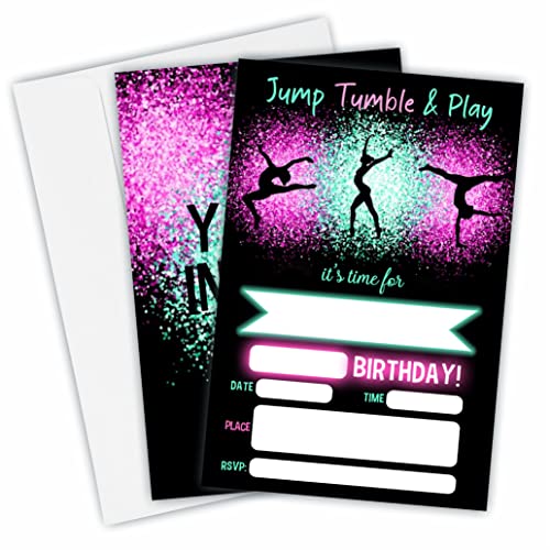 Jump Tumble & Play Geburtstagseinladungen, neonrosa Folie, Gymnastik-Geburtstagsparty-Einladungen, Dekorationen, Geburtstagsparty und Veranstaltungen, 20 Ausfüllkarten mit passenden Umschlägen von DYIRBIIY