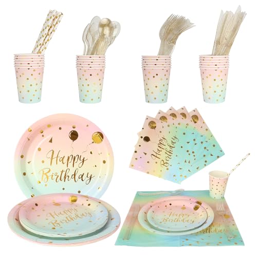 192 Stück Wiederverwendbar Happy Birthday Dekorationen Gabeln Löffel Messer für Hochzeit 24 Gäste (Rosa) von DYMHQ