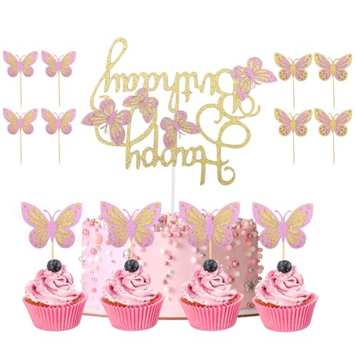Happy Birthday Schmetterling Kuchenaufsatz, 13 Stück Schmetterlingsmotiv Kuchendekorationsstück, 3D Karton Glitzernde Hohle Cupcake Picks, Glitter Tortendeko für Mädchen Frauen Party Happy Birthday Schmetterling Kuchenaufsatz, 13 Stück Schmetterlingsmotiv Kuchendekorationsstück, 3D Karton Glitzernde Hohle Cupcake Picks, Glitter Tortendeko für Mädchen Frauen Party von DYMHQ