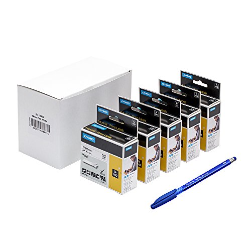 5x Dymo 18445 Rhino Vinyl Industrie Etiketten, wei selbstklebend 19mm X 5,5m Rolle, schwarz Druck auf + Papermate Kugelschreiber Geschenk von Newell Brands