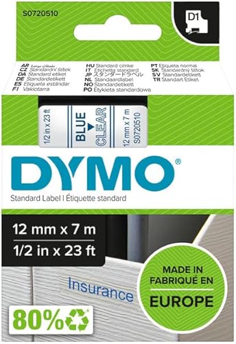 D1-Standardetikett, 12mm breit, 7m lang, Druckfarbe blau, transparent D1-Standardetikett, 12mm breit, 7m lang, Druckfarbe blau, transparent von DYMO