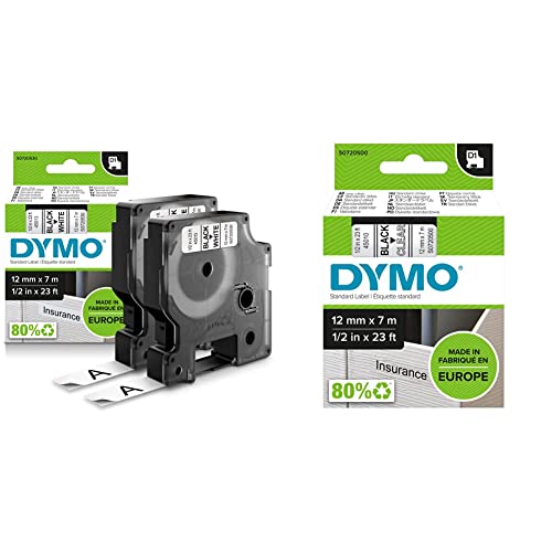 DYMO D1-Etikettenband Authentisch, schwarz auf weiß, 12 mm x 7 m & D1-Etikettenband Authentisch | schwarzer Druck auf transparentem Untergrund | 12 mm x 7 m | für LabelManager-Beschriftungsgerät von DYMO