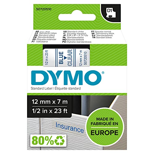 DYMO Original D1-Etikettenband | blau auf transparent | 12 mm x 7 m | selbstklebendes Schriftband | für LabelManager-Beschriftungsgerät von DYMO
