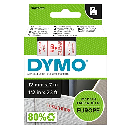 DYMO Original D1-Etikettenband | rot auf transparent | 12 mm x 7 m | selbstklebendes Schriftband | für LabelManager-Beschriftungsgerät von DYMO