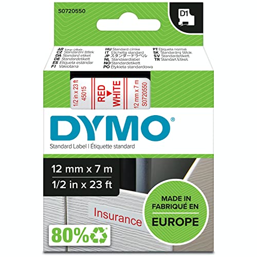 DYMO Original D1-Etikettenband | rot auf weiß | 12 mm x 7 m | selbstklebendes Schriftband | für LabelManager-Beschriftungsgerät von DYMO