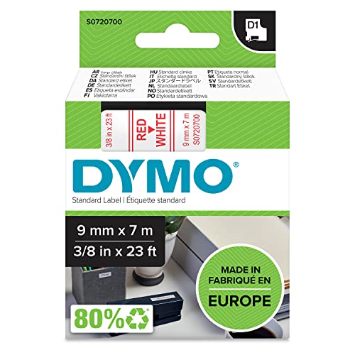 DYMO D1-Etikettenband Authentisch | rot auf weiß | 9 mm x 7 m | selbstklebendes Schriftband | für LabelManager-Beschriftungsgerät von DYMO