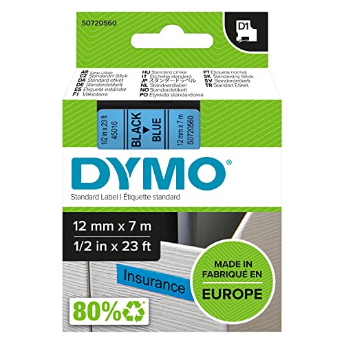 DYMO Original D1-Etikettenband | schwarz auf blau | 12 mm x 7 m | selbstklebendes Schriftband | für LabelManager-Beschriftungsgerät von DYMO