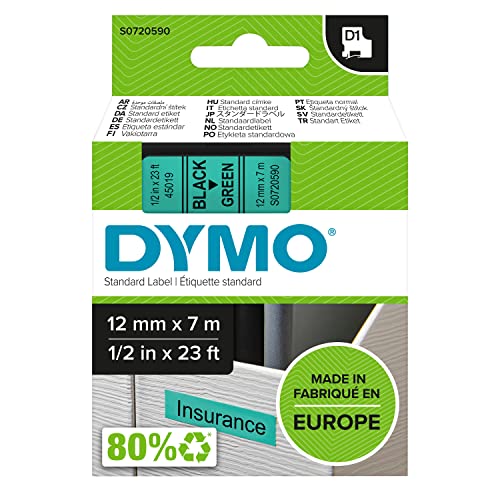 DYMO Original D1-Etikettenband | schwarz auf grün | 12 mm x 7 m | selbstklebendes Schriftband | für LabelManager-Beschriftungsgerät von DYMO